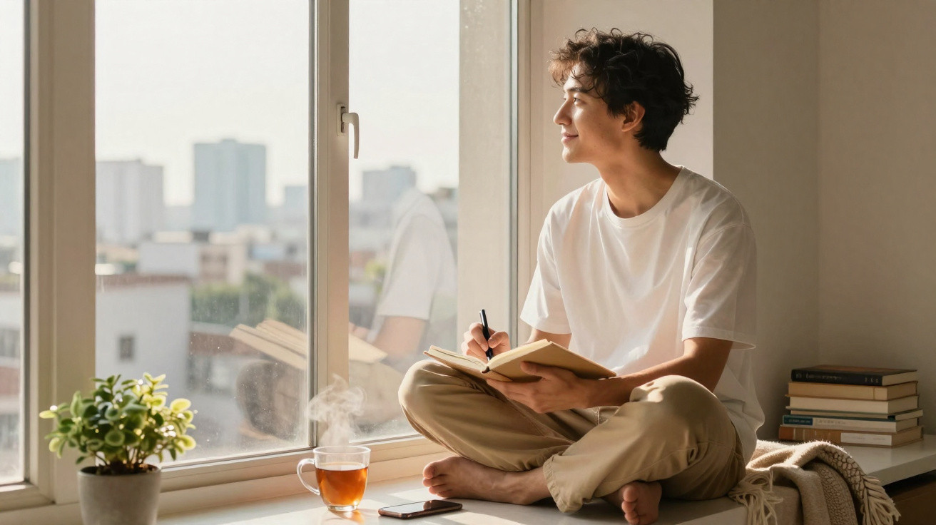 Jovem sentado junto a uma janela, a escrever num caderno, com chá fumegante e plantas ao lado.