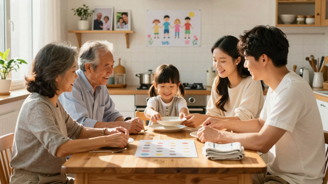 Três gerações de uma família asiática felizes a jogar e a passar tempo juntos à mesa de cozinha.