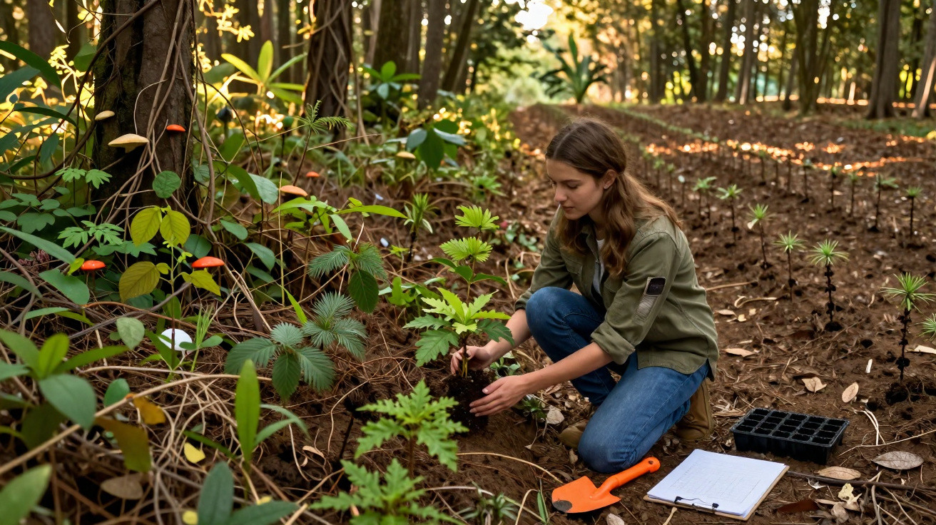 Mulher a plantar muda numa floresta com solo limpo, rodeada de vegetação e cogumelos alaranjados.
