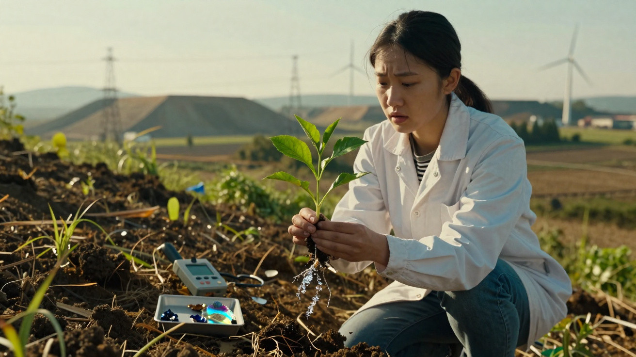Jovem cientista em campo agrícola a analisar planta recém-replantada, com turbinas eólicas ao fundo.