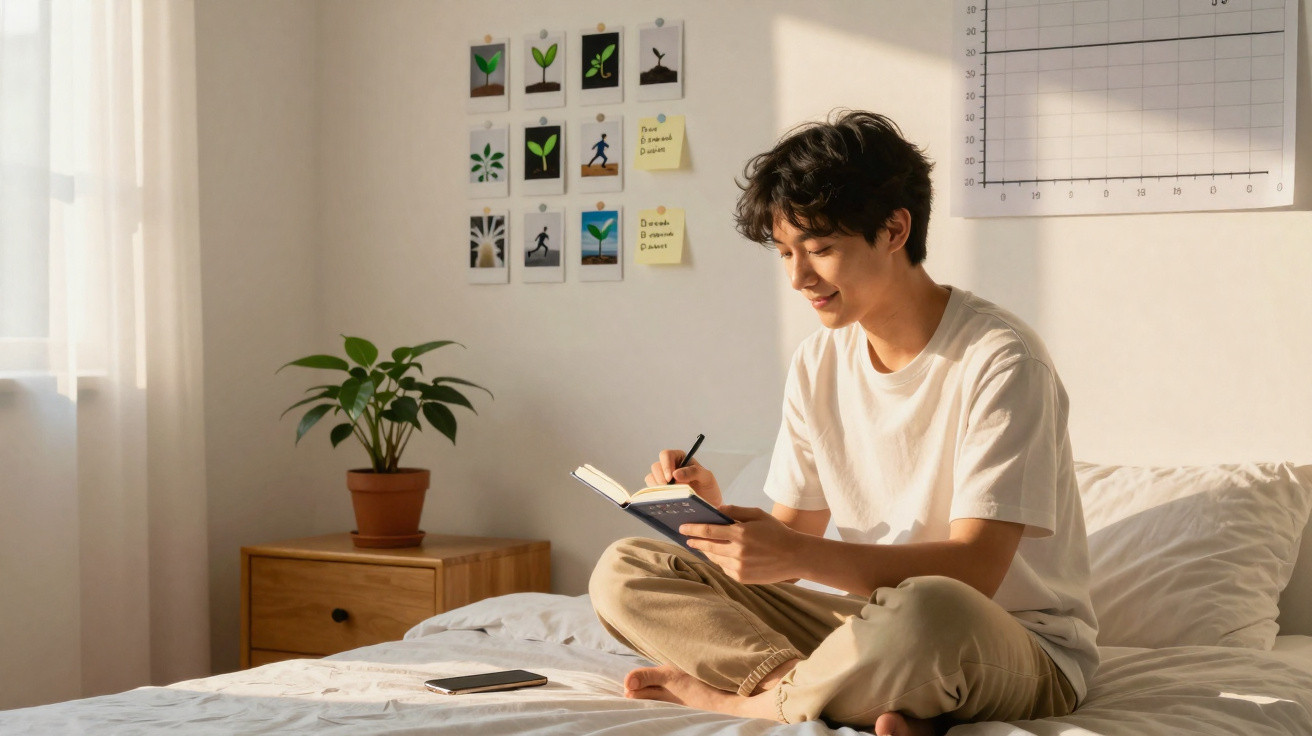 Jovem sentado na cama a escrever num caderno, com planta e fotografias de plantas na parede ao fundo.
