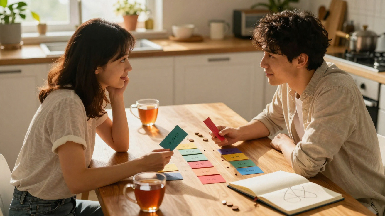 Casal sentado à mesa na cozinha a jogar cartas e beber chá num ambiente iluminado e acolhedor.