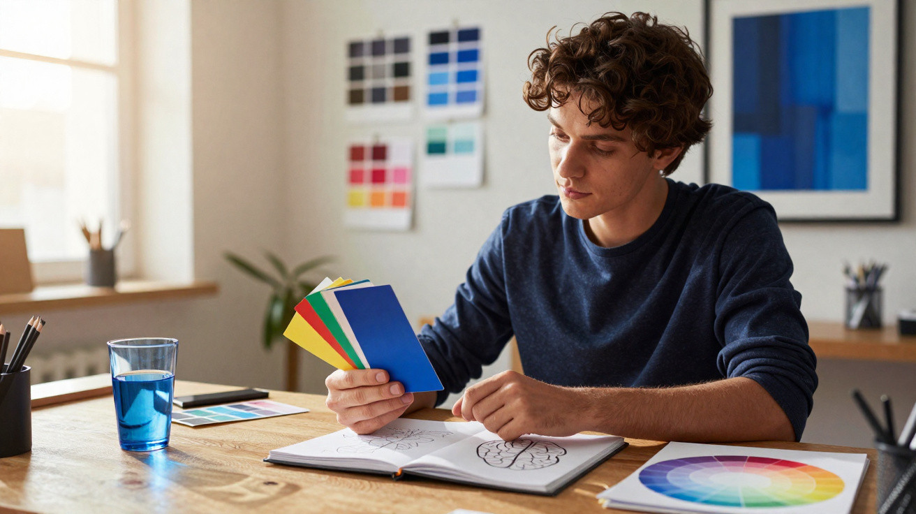 Jovem a analisar amostras de cores em papel, sentado à mesa com esquemas de cor e desenho.