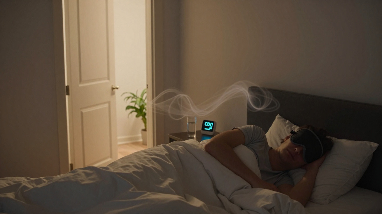 Pessoa a dormir com máscara, despertador digital e vidro de água num quarto escuro e tranquilo.