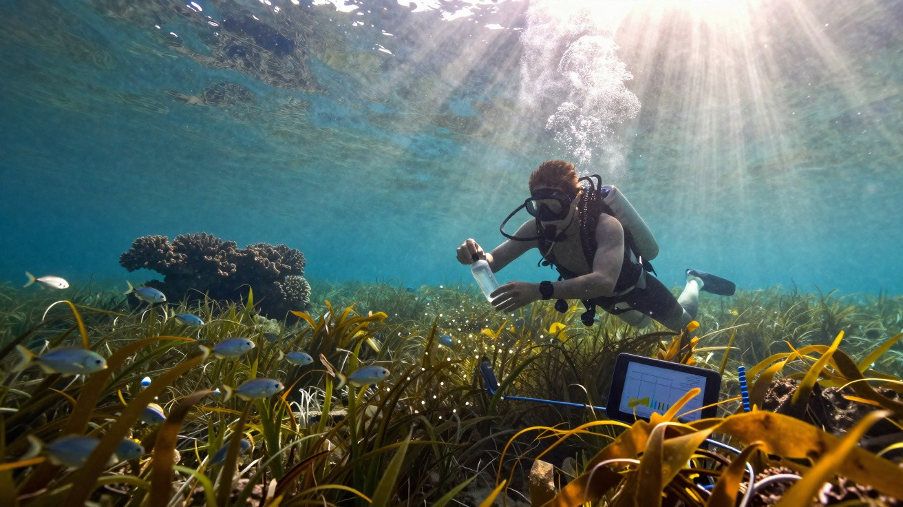 Mergulhador a investigar e recolher amostras numa área marinha com peixes e vegetação subaquática iluminada.
