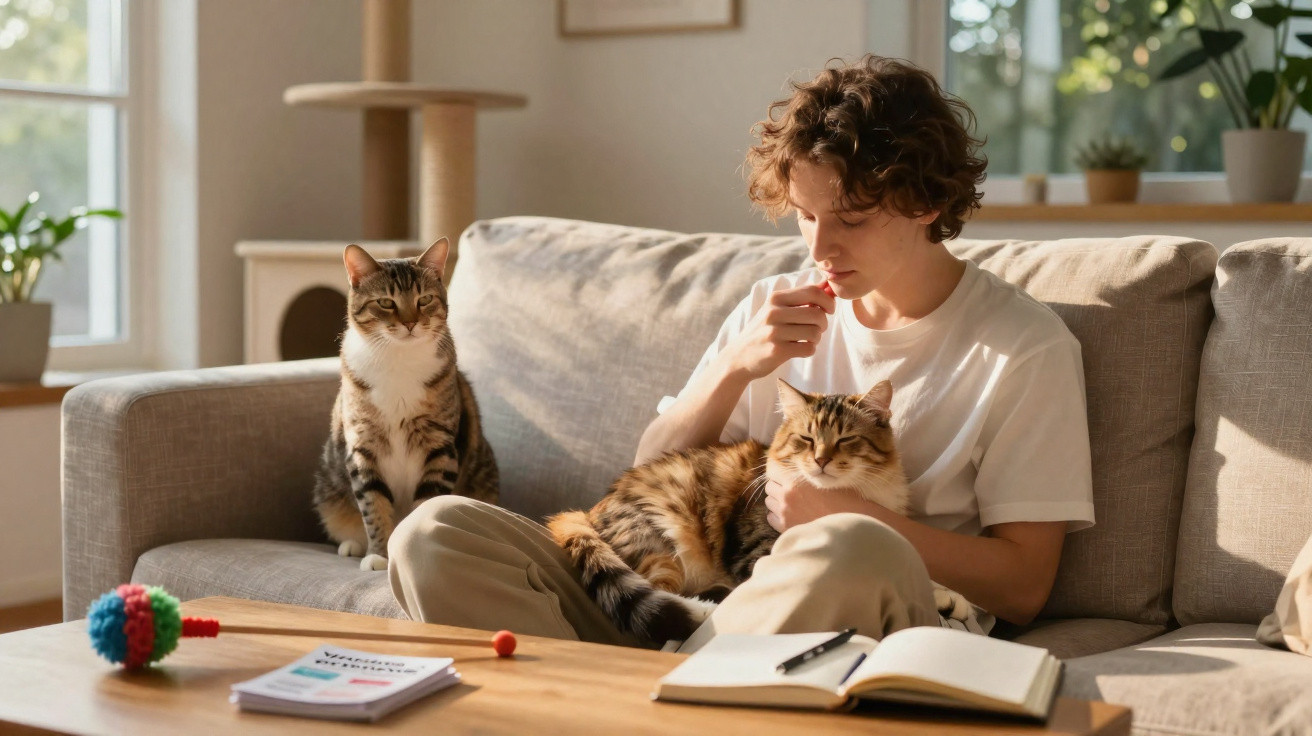 Jovem sentado no sofá com um gato ao colo e outro ao lado, junto a mesa com livros e brinquedo para gato.
