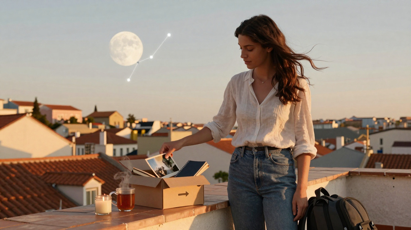 Mulher a organizar fotografias numa varanda ao pôr do sol com chá, vela e lua crescente no céu.