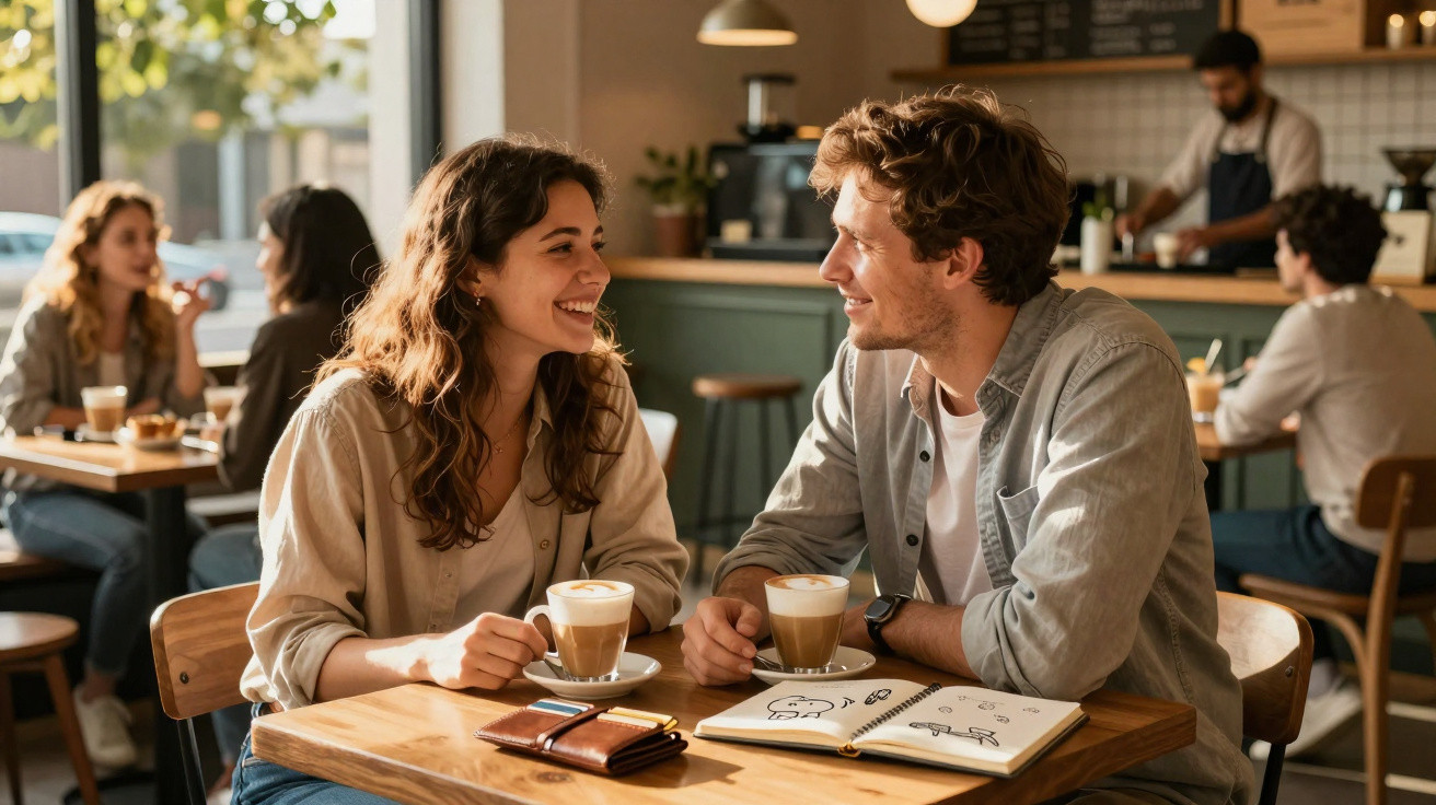Casal sorridente conversa num café com bebidas e caderno de desenhos sobre a mesa.