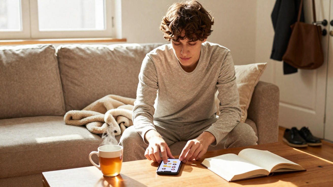 Jovem sentado no sofá a usar telemóvel, com chá quente e livro aberto numa mesa de madeira.