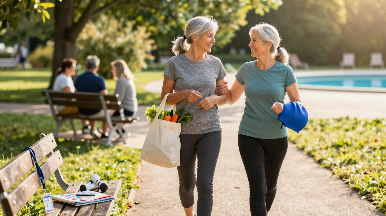 Duas mulheres séniores caminhando num parque, uma com saco de legumes e outra com pesinhos de exercício.