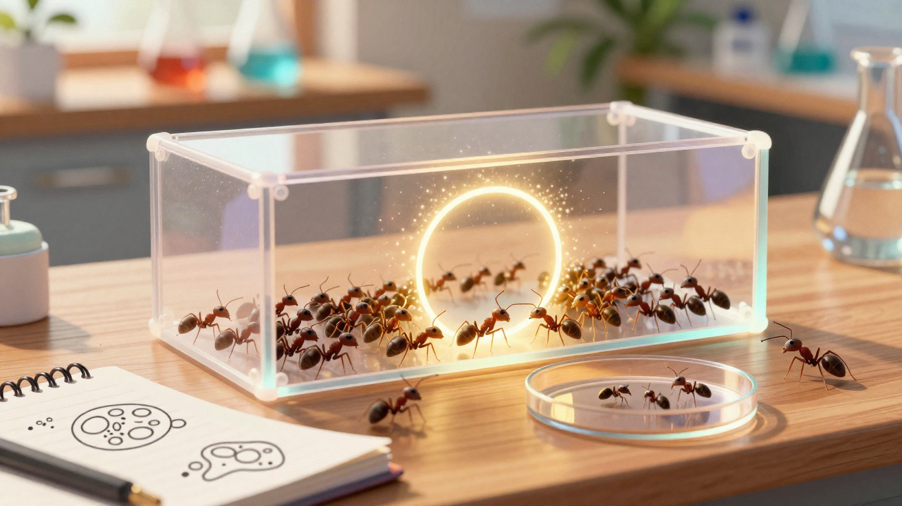 Formiga em aquário transparente e luminoso com outras formigas e desenhos científicos numa mesa.