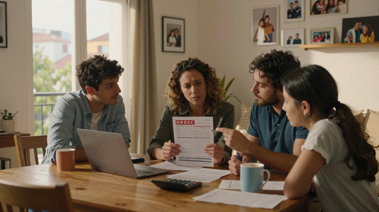 Quatro adultos sentados à mesa discutem documentos e contas com expressão preocupada numa sala acolhedora.