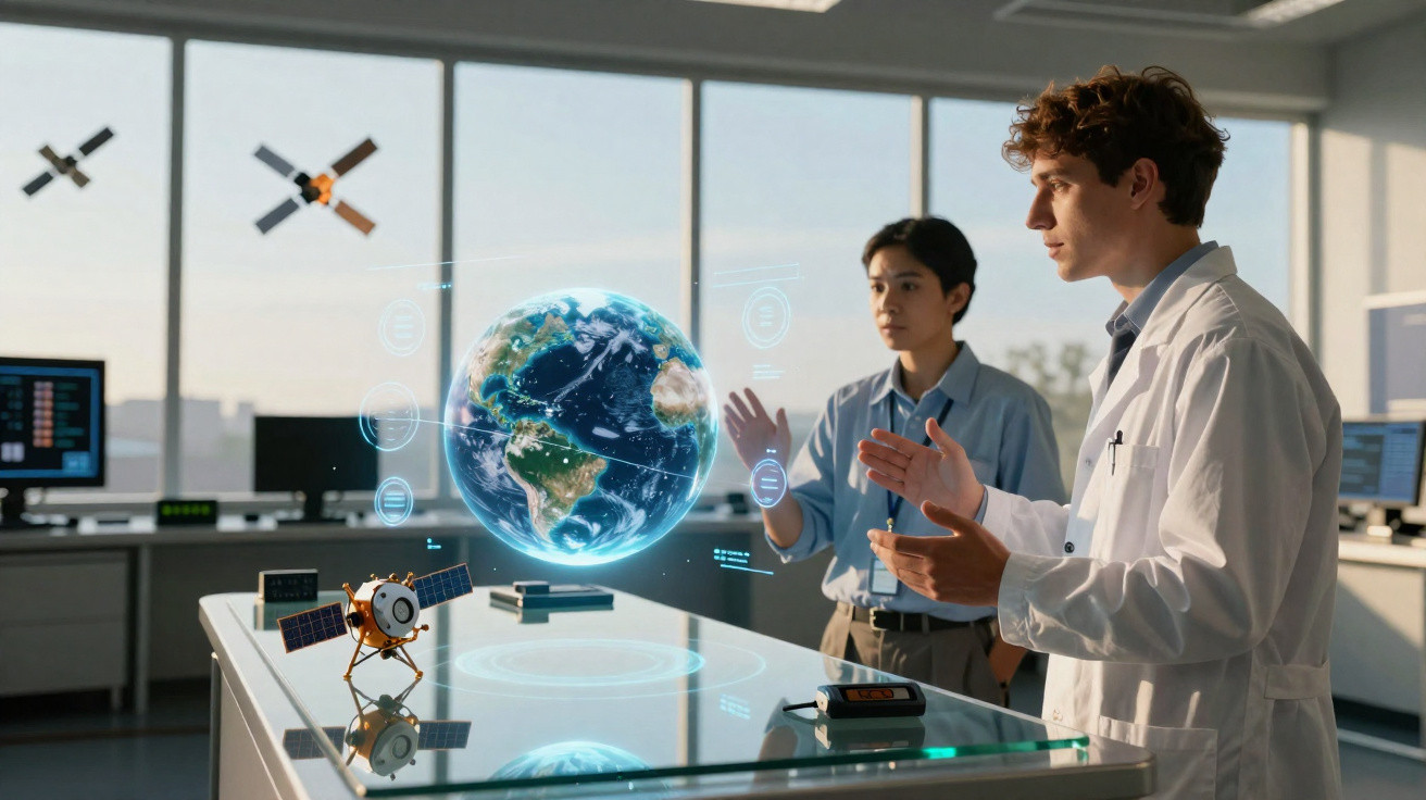 Dois cientistas analisam um globo terrestre holográfico numa sala laboratorial com equipamento tecnológico.