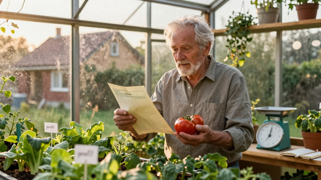 Homem idoso a segurar dois tomates e a ler documento numa estufa cheia de plantas verdes.