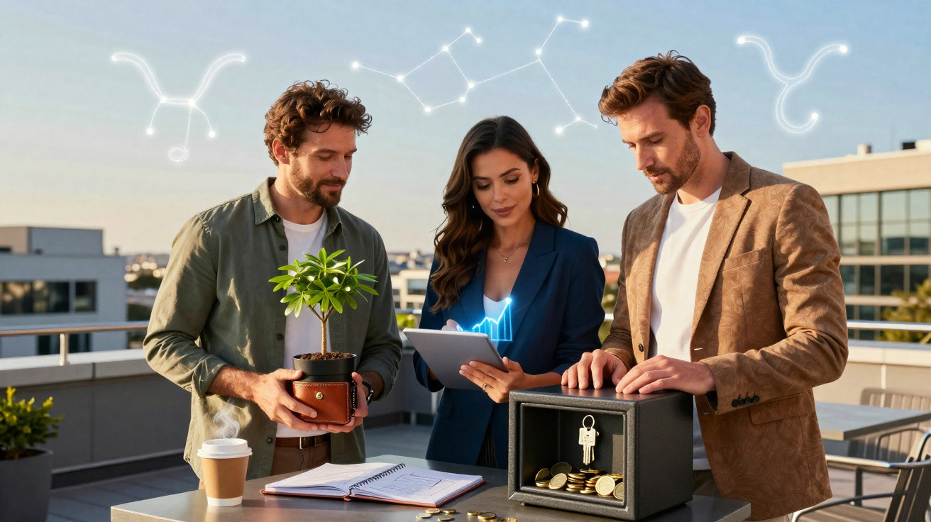 Três profissionais analisam investimentos com cofre, planta e tablet numa varanda empresarial com gráficos digitais.