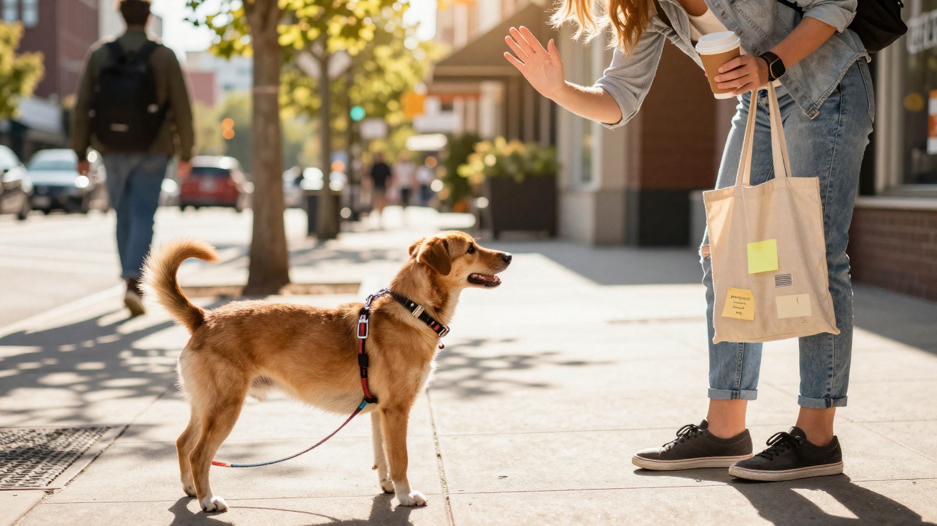 Mulher a acenar para cão de porte médio numa rua soalheira com café na mão e saco de lona pendurado.