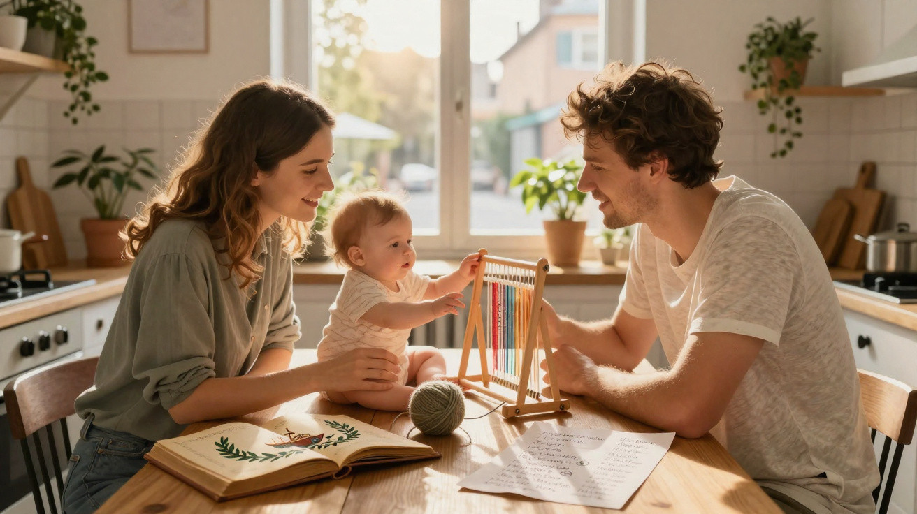 Família alegre com bebé brinca com brinquedo em madeira na cozinha iluminada pela luz do sol.