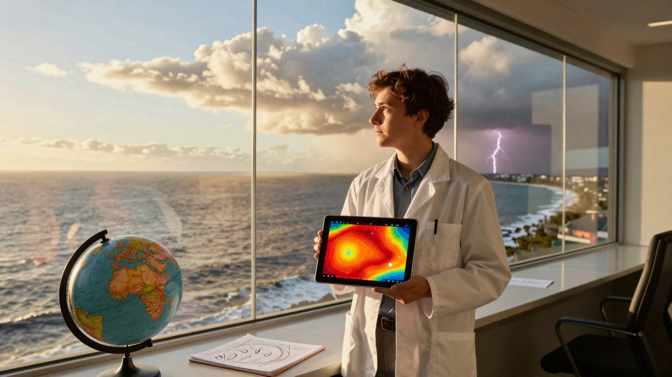 Jovem cientista de bata branca segura tablet com mapa meteorológico, janela mostra tempestade no mar ao fundo.