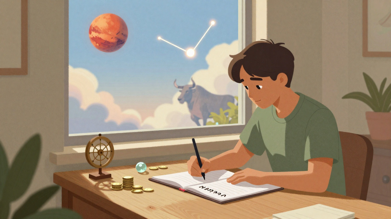 Rapaz a estudar astronomia com planetas, constelação e touro visíveis pela janela.