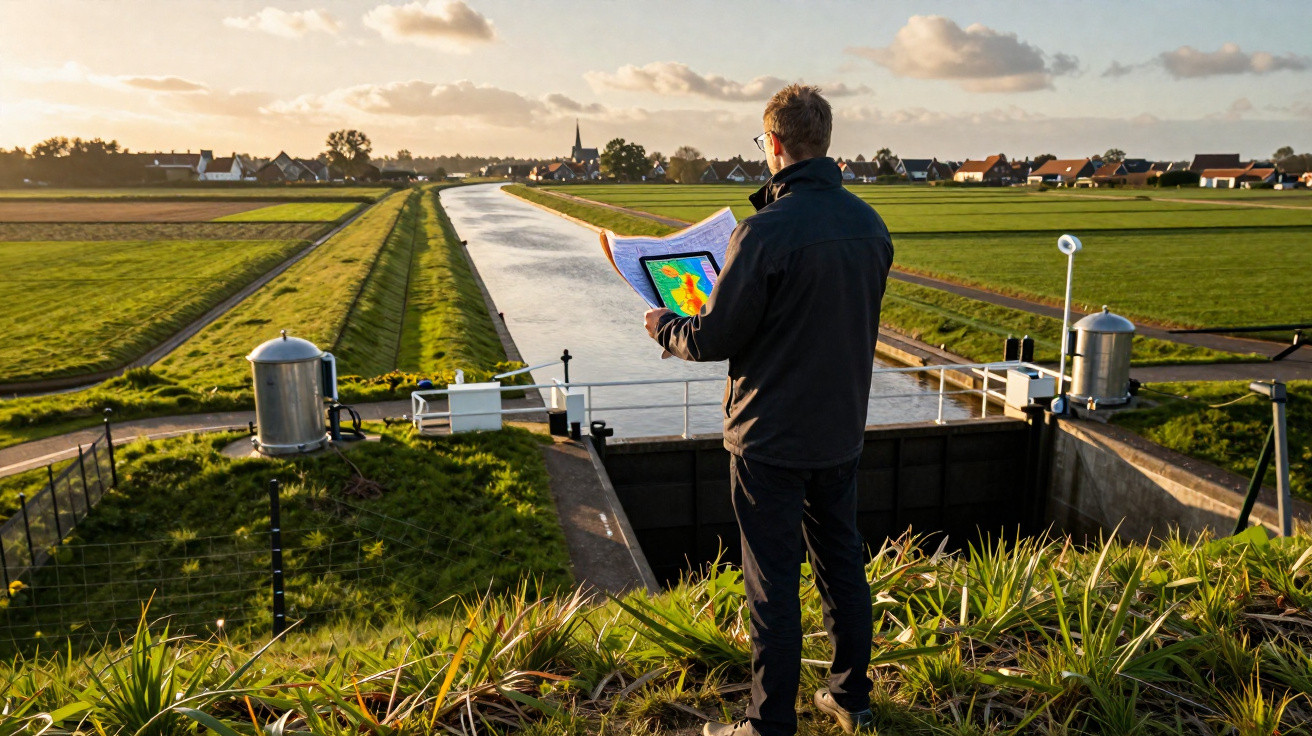 Homem com roupa escura observa mapa junto a um canal e campos verdes ao pôr do sol numa área rural.