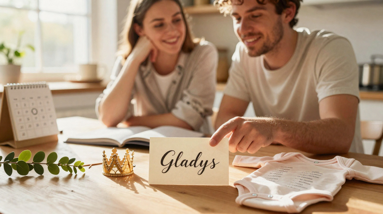 Casal sorridente sentado à mesa com placa "Gladys", corpo de bebé e coroa dourada decorativa.
