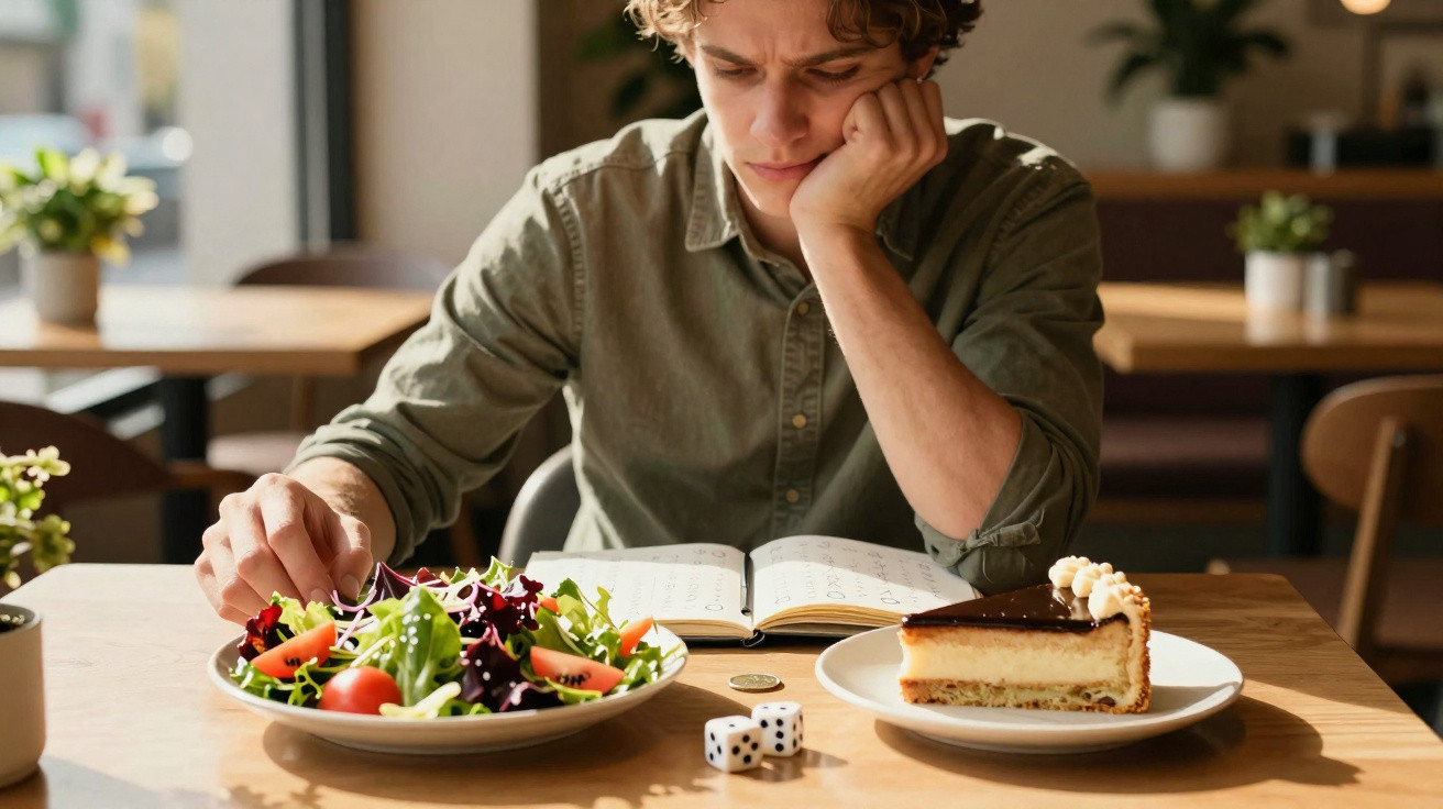 Homem pensativo a olhar para uma salada com dados e um pedaço de bolo à sua frente numa mesa.