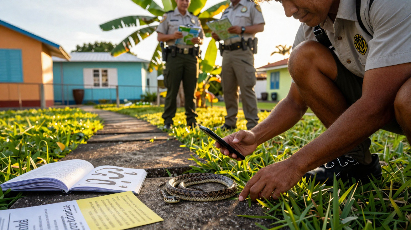 Homem a fotografar cobra enrolada no chão com dois agentes em uniforme ao fundo, em área residencial.