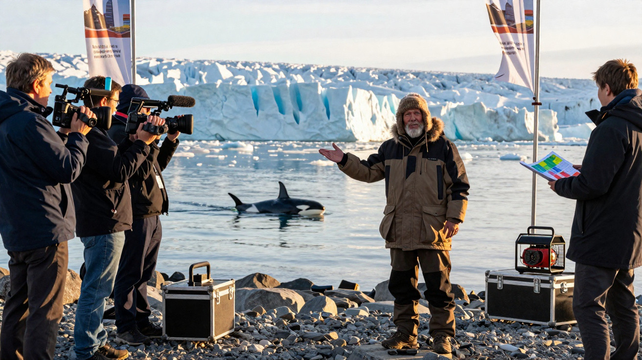 Homem com roupa de frio a ser filmado por equipa próxima a orca no mar e iceberg ao fundo.