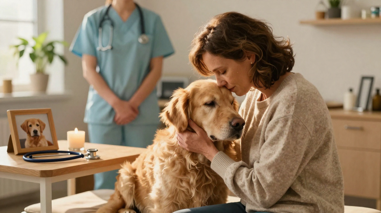 Mulher consola cão hospitalizado numa clínica veterinária com veterinária ao fundo.
