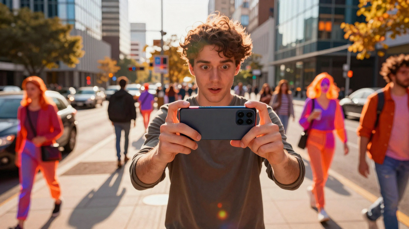 Homem jovem surpreendido tira foto com smartphone numa rua movimentada da cidade ao entardecer.