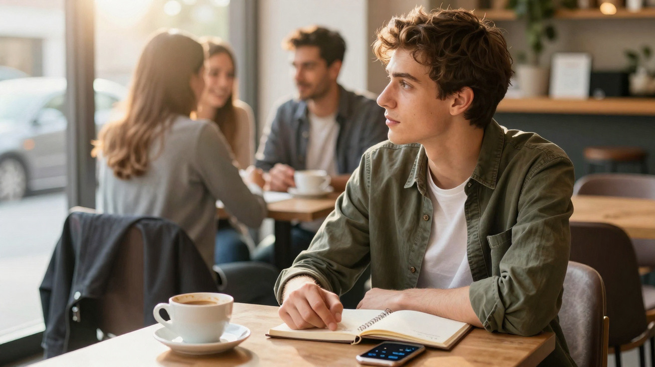 Jovem sentado numa cafeteria com café, um caderno e telefone, olhando pensativo para o lado.