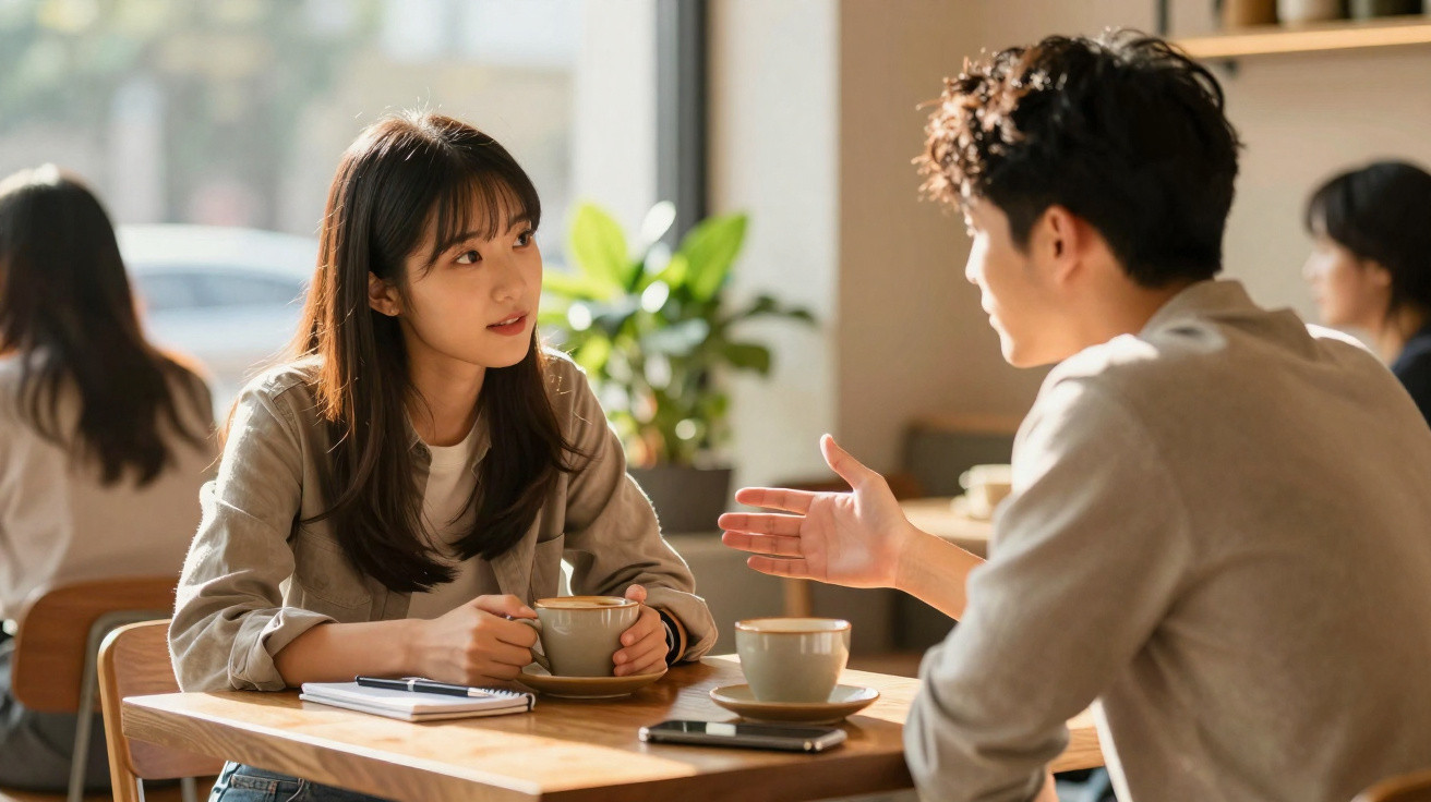 Duas pessoas conversam num café, uma mulher segura uma chávena enquanto ouve o homem falar.