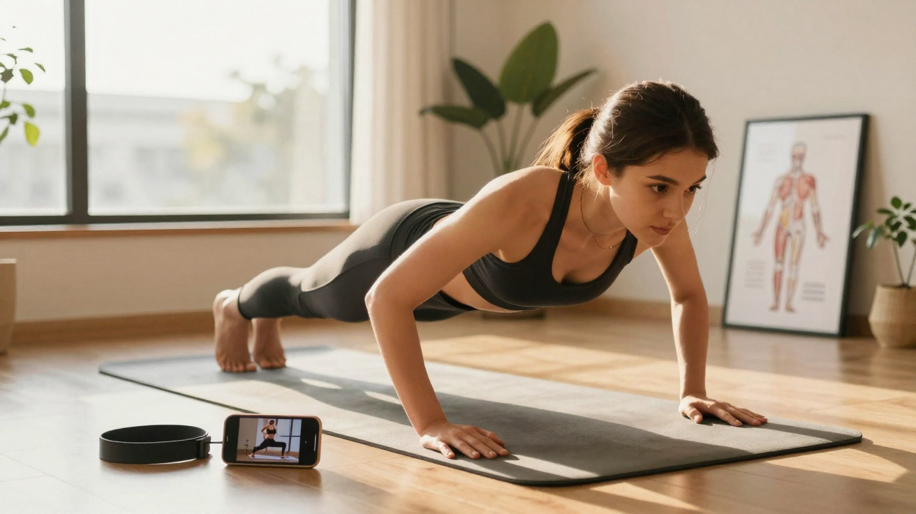 Mulher a fazer flexões em tapete de yoga, a acompanhar treino no telemóvel numa sala iluminada.
