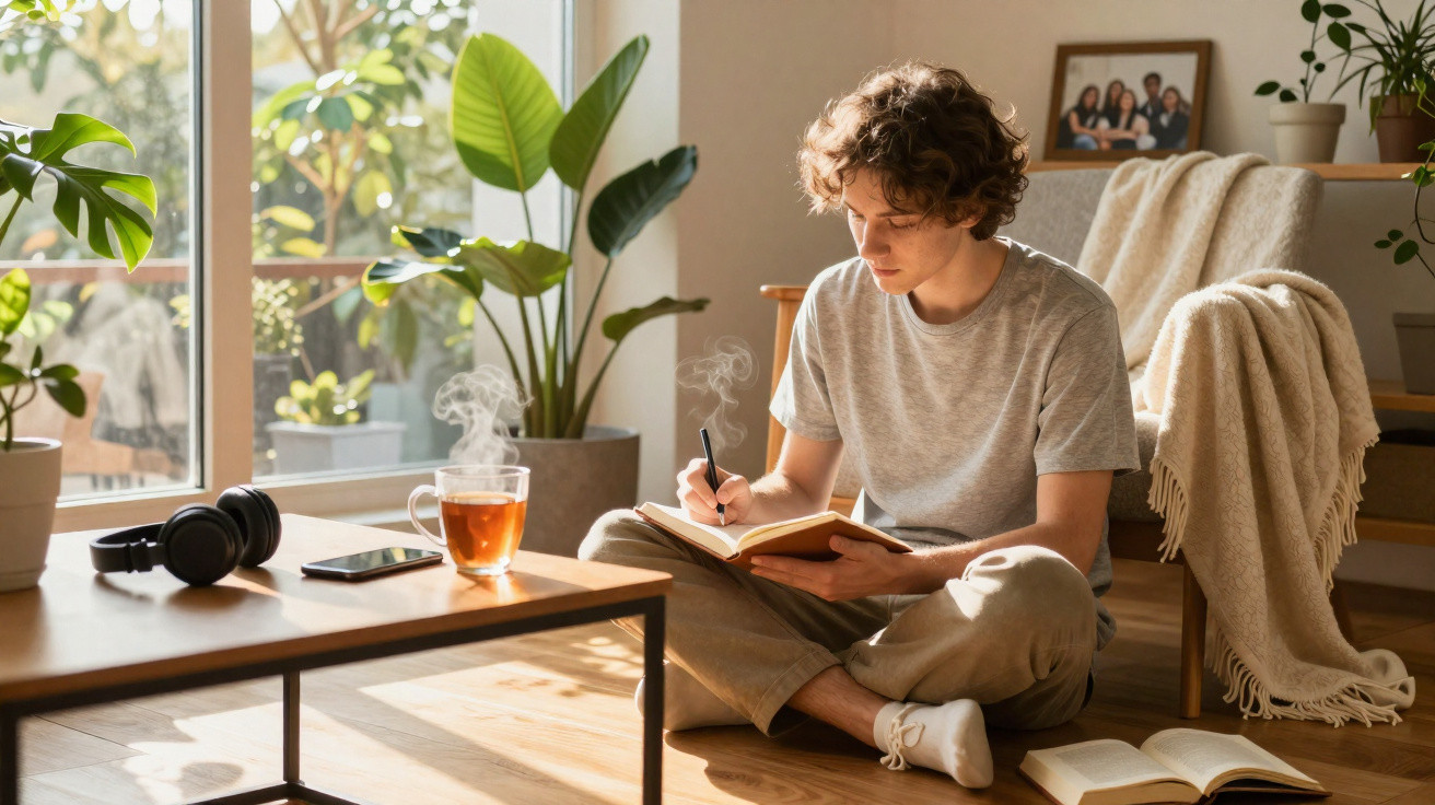 Jovem sentado no chão a escrever num caderno numa sala luminosa com chá quente e plantas.