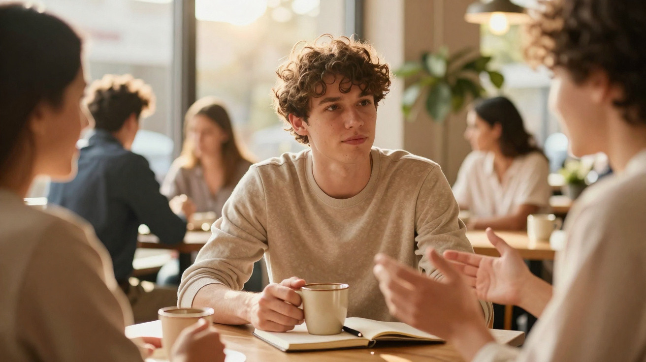Jovem com expressão atenta segura chá enquanto conversa com duas pessoas numa cafeteria iluminada.