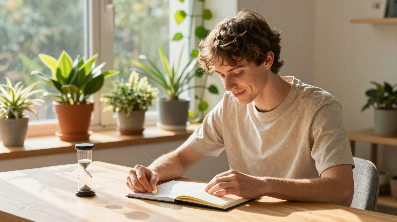Jovem sentado a escrever num caderno à luz do dia, com plantas em vasos na janela ao fundo.