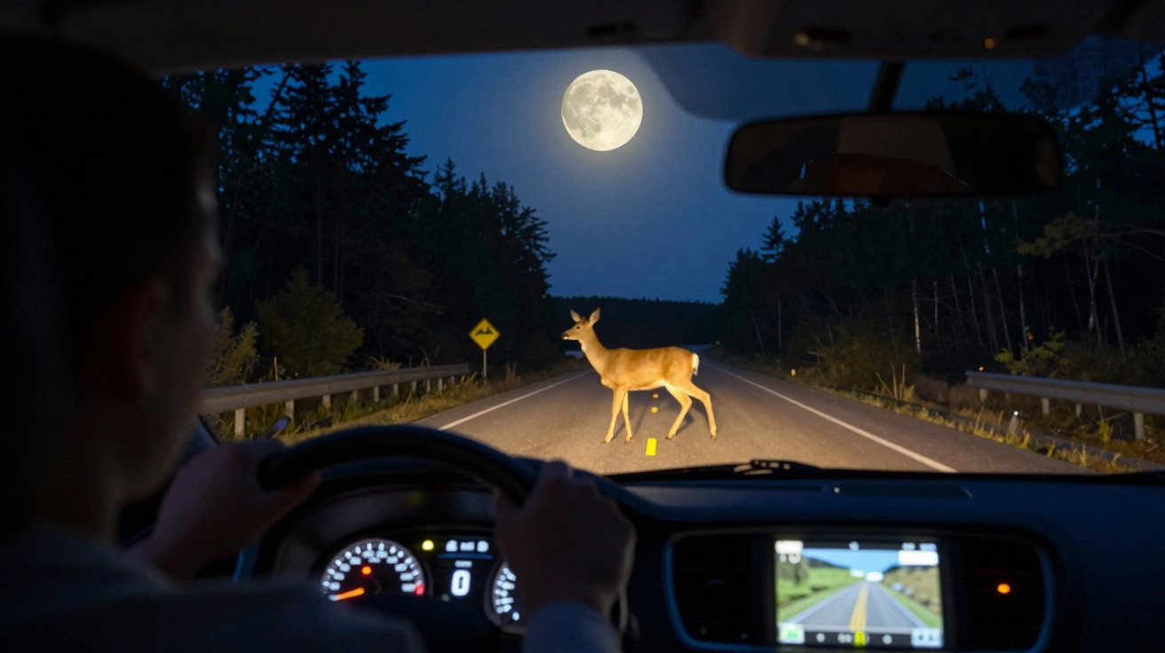 Veado atravessa estrada iluminada pelos faróis de carro ao luar durante a noite numa área arborizada.
