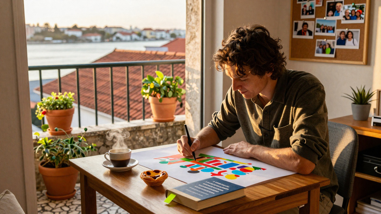 Homem sentado numa mesa a desenhar, com chá fumegante, bolo e livro, numa varanda com vista para casas.