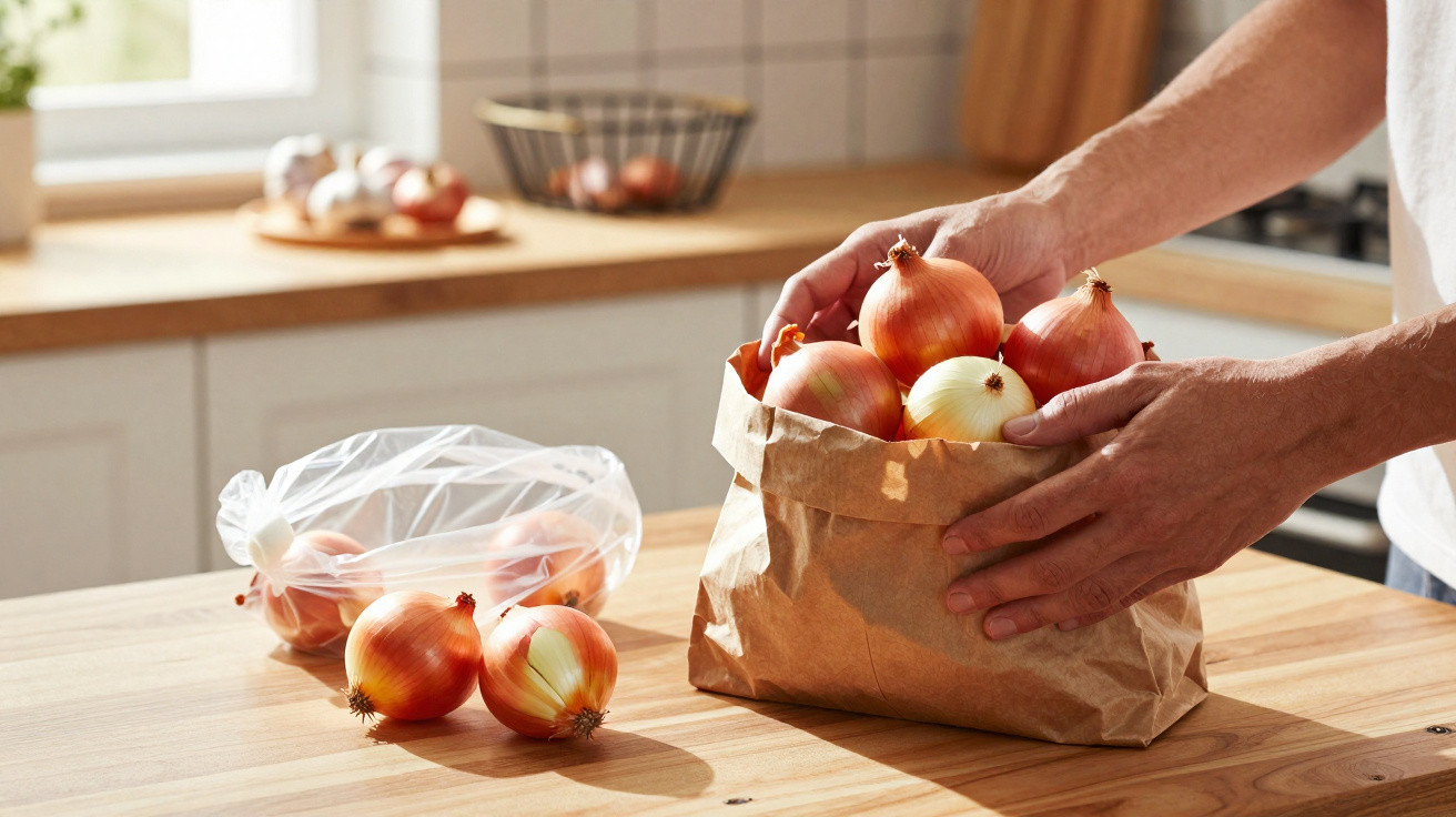 Mãos a colocar cebolas num saco de papel numa bancada de cozinha iluminada por luz natural.