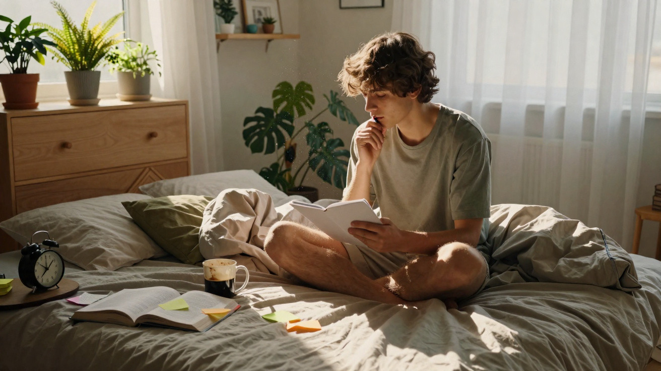 Jovem sentado na cama a ler um livro, rodeado de plantas e apontamentos, com luz natural a entrar pela janela.