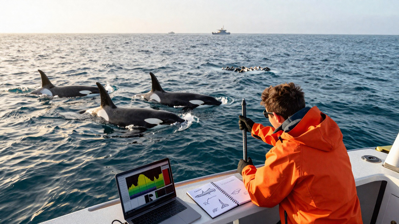 Pessoa com casaco laranja numa embarcação observa três orcas perto da superfície do mar ao pôr do sol.