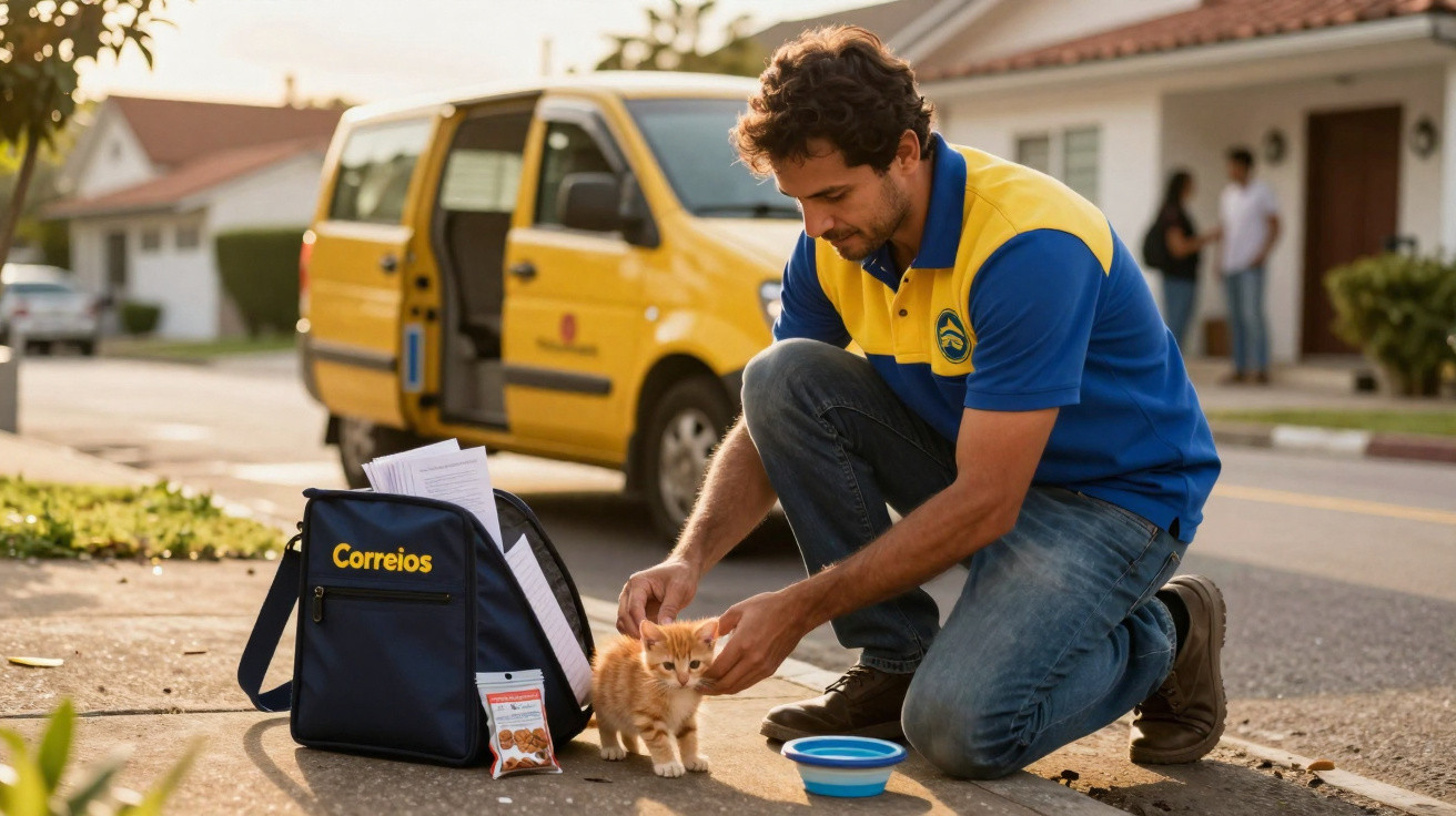 Carteiro alimenta e acaricia um gato laranja junto a uma carrinha amarela de correios numa rua residencial.
