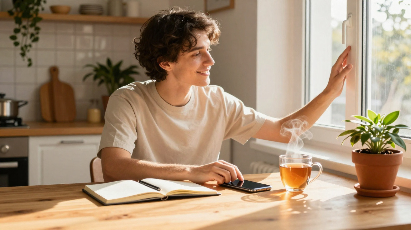 Jovem sorridente sentado à mesa com chá quente, telemóvel e caderno, olhando pela janela iluminada.