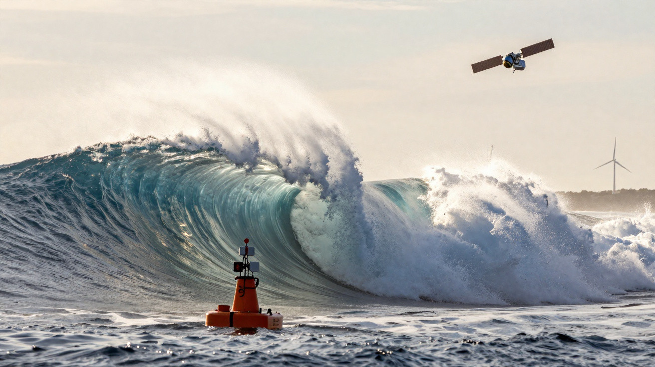 Onda gigante a formar um tubo no mar com uma boia vermelha e um satélite no céu ao fundo.