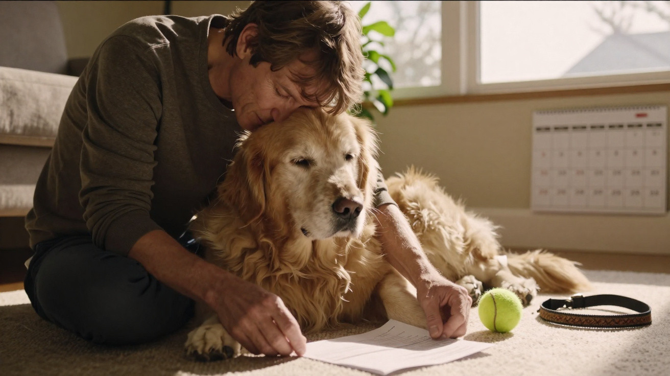 Homem ajoelhado abraça e beija um cão golden retriever enquanto lê papel no chão, perto de bola e coleira.