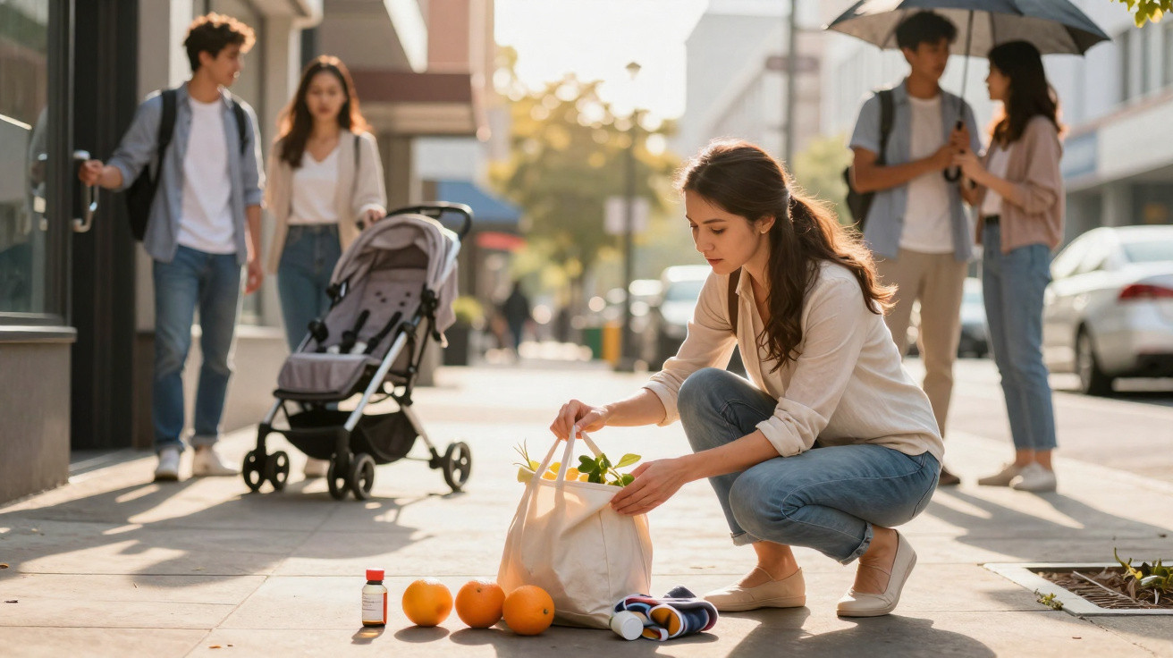 Mulher coloca compras numa sacola reutilizável na calçada, com carrinho e pessoas ao fundo numa rua urbana.