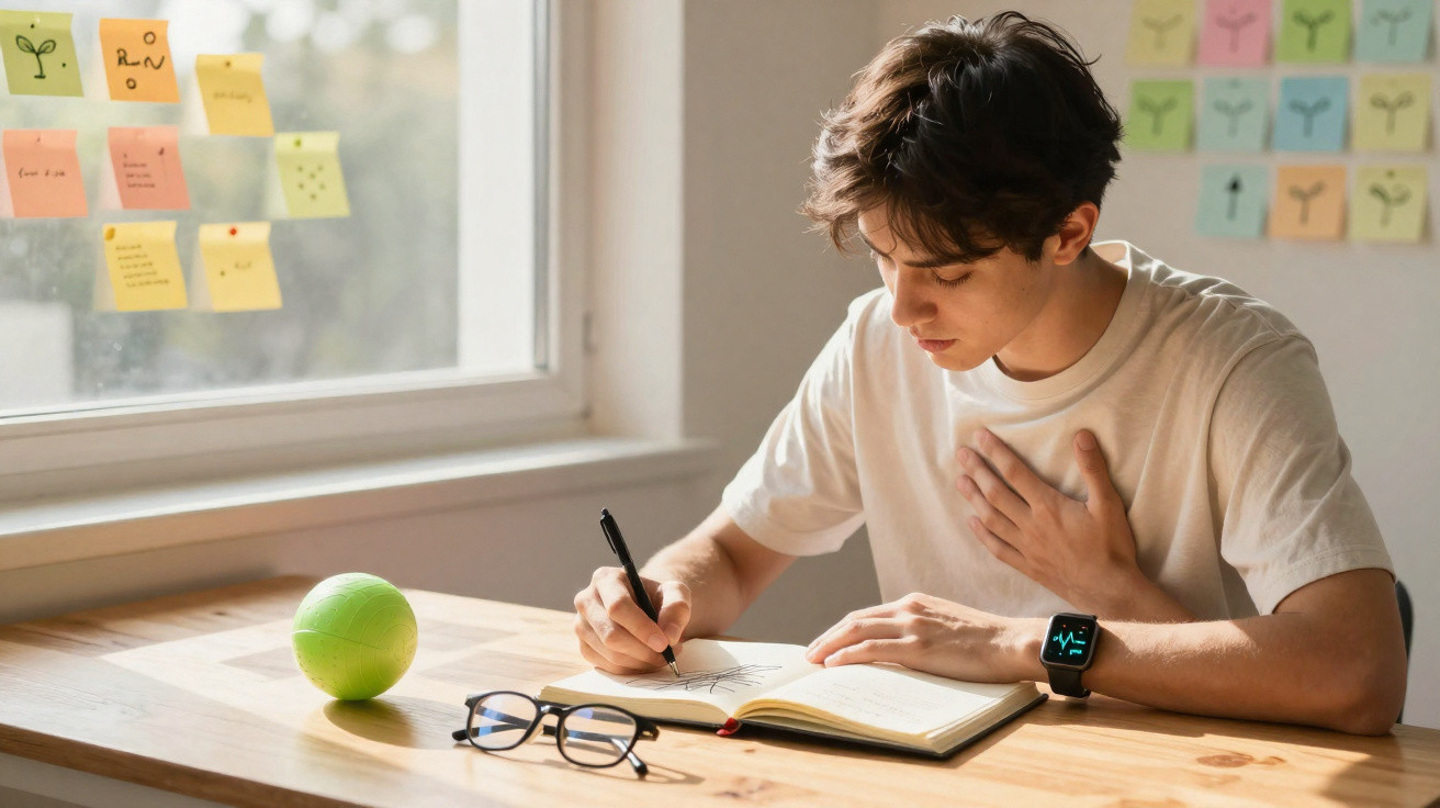 Jovem sentado a escrever num caderno numa mesa com óculos e bola verde, junto a uma janela iluminada.