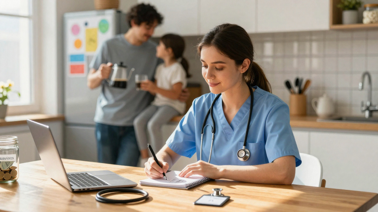 Mulher médica a escrever num bloco de notas numa mesa, família ao fundo numa cozinha moderna.