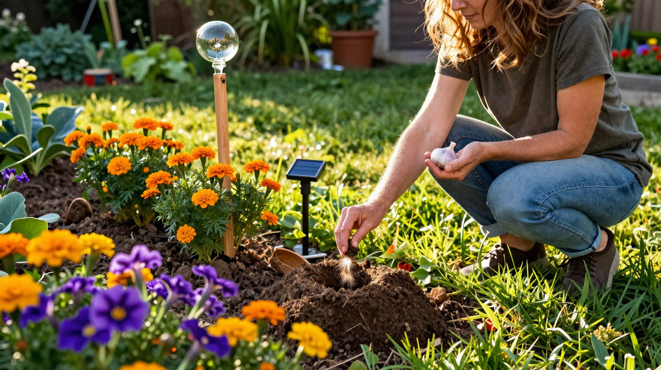 Mulher a plantar flores num jardim ensolarado com pétalas amarelas e roxas vibrantes.