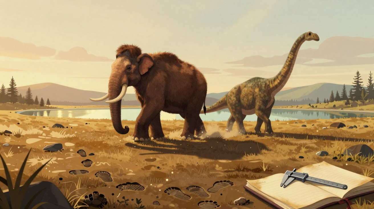 Mamute e dinossauro num cenário pré-histórico com pegadas e um caderno com paquímetro no chão.